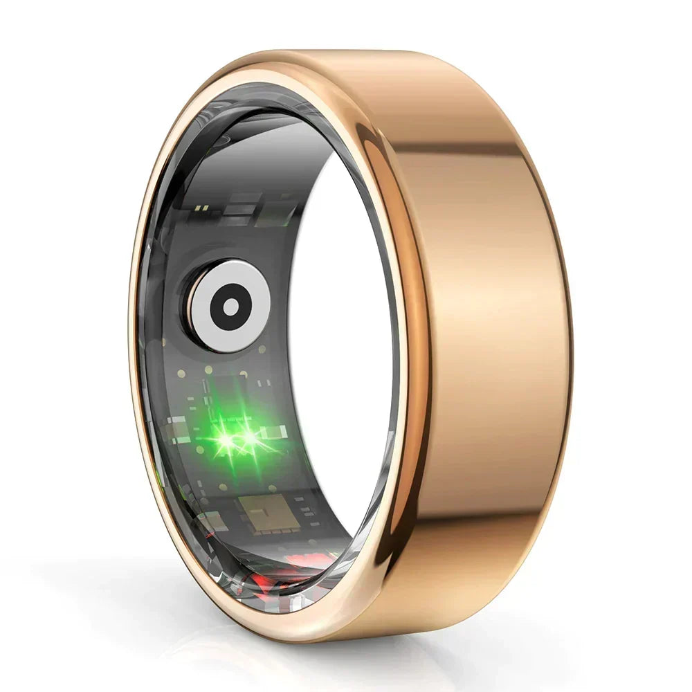 Polished gold titanium smart health tracker ring displaying premium exterior finish.