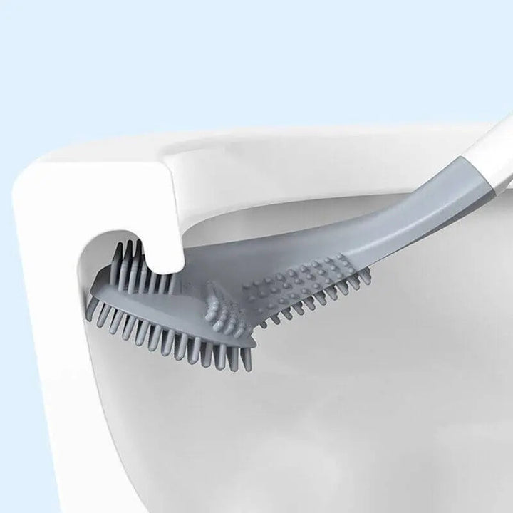 Ergonomic handle of golf style toilet brush cleaning under rim effectively