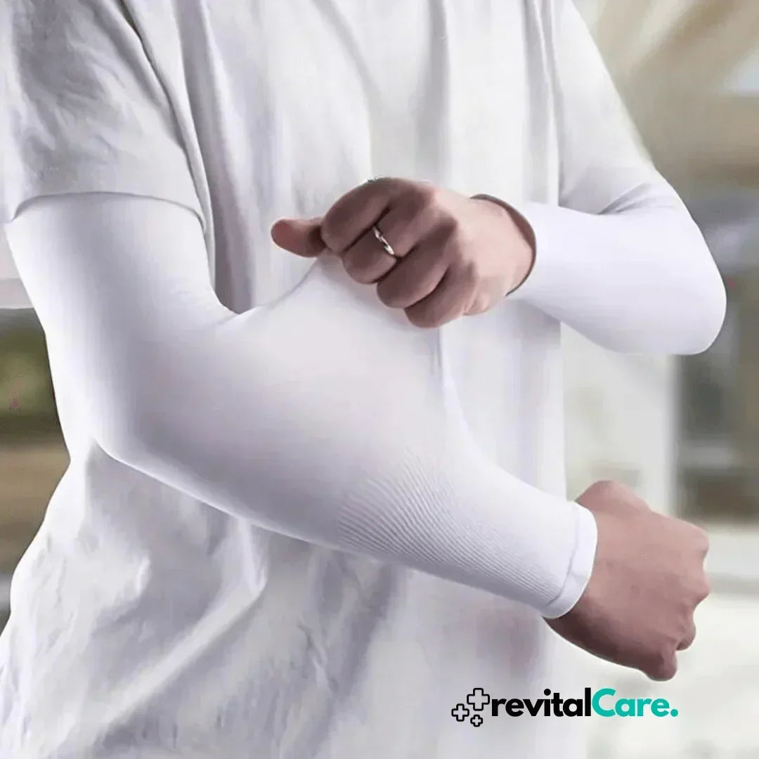 Close-up of a person wearing a white arm compression sleeve, demonstrating stretch and fit.