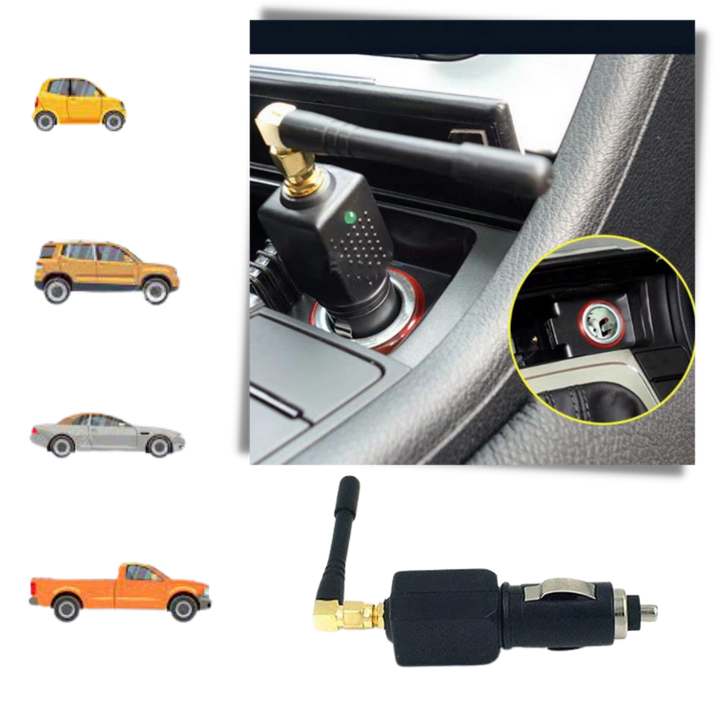 Vehicle power adapter shown next to different types of automobiles