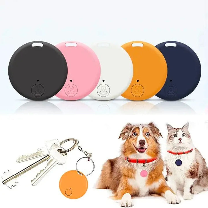 Five colorful cat GPS tracker devices arranged in a row with key ring and pets