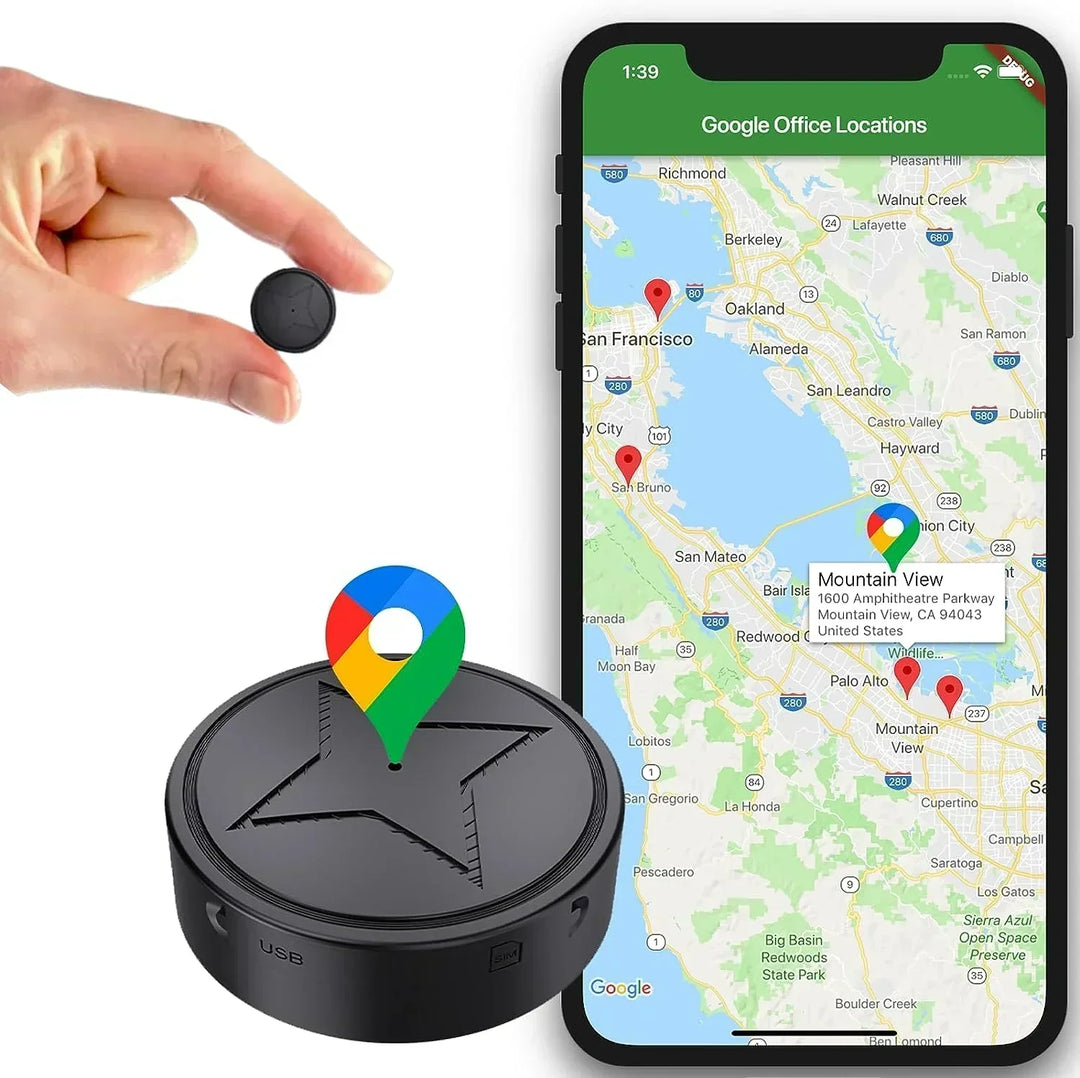 Mini magnetic GPS tracker held in hand next to smartphone map interface