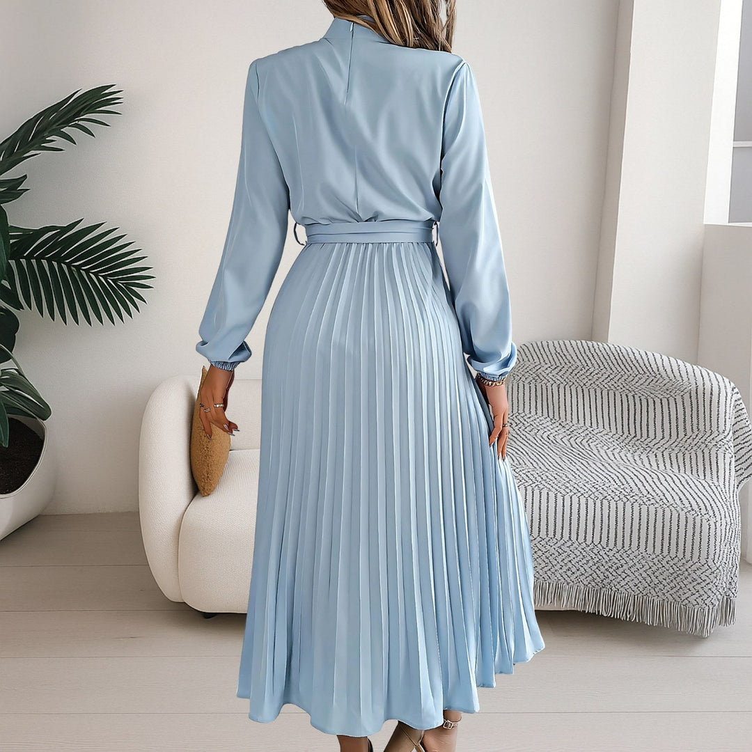Stylish office wear midi dress with pleats and cinched waist belt