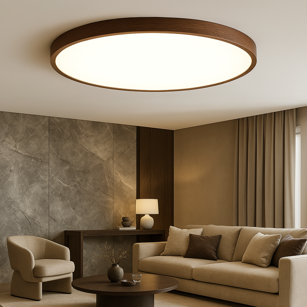 Modern round dark wood ceiling lamp installed in a stylish living room