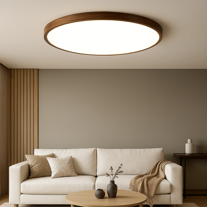 Nordic dark wood ceiling lamp illuminating a modern living room