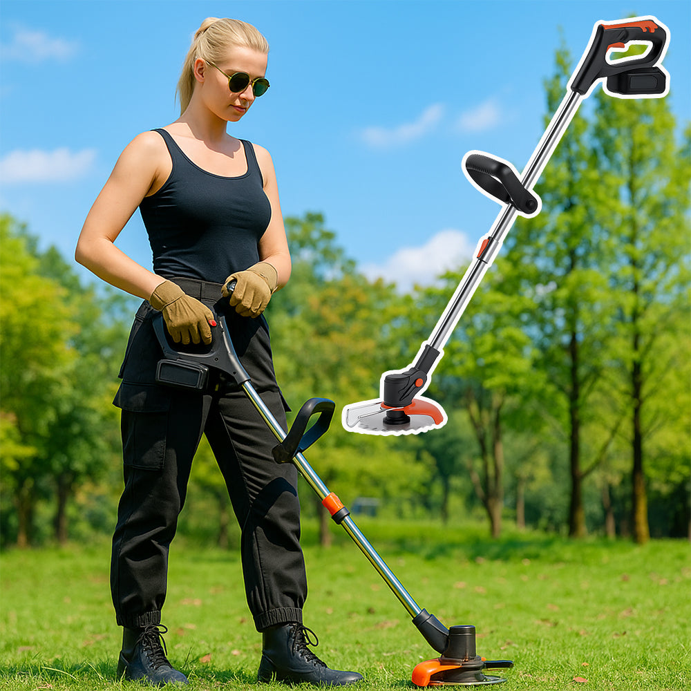 Woman holding the cordless grass trimmer outdoors in a garden setting