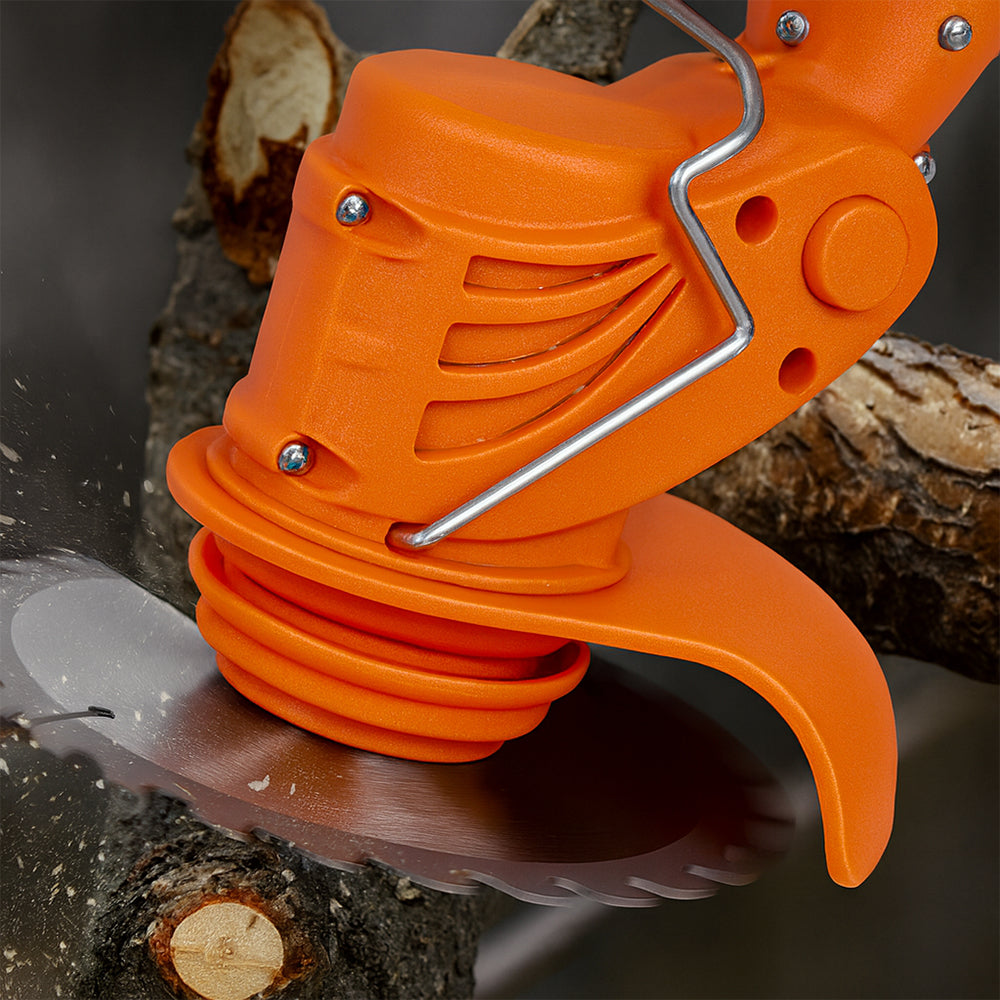 Detailed view of the circular saw blade cutting through branches