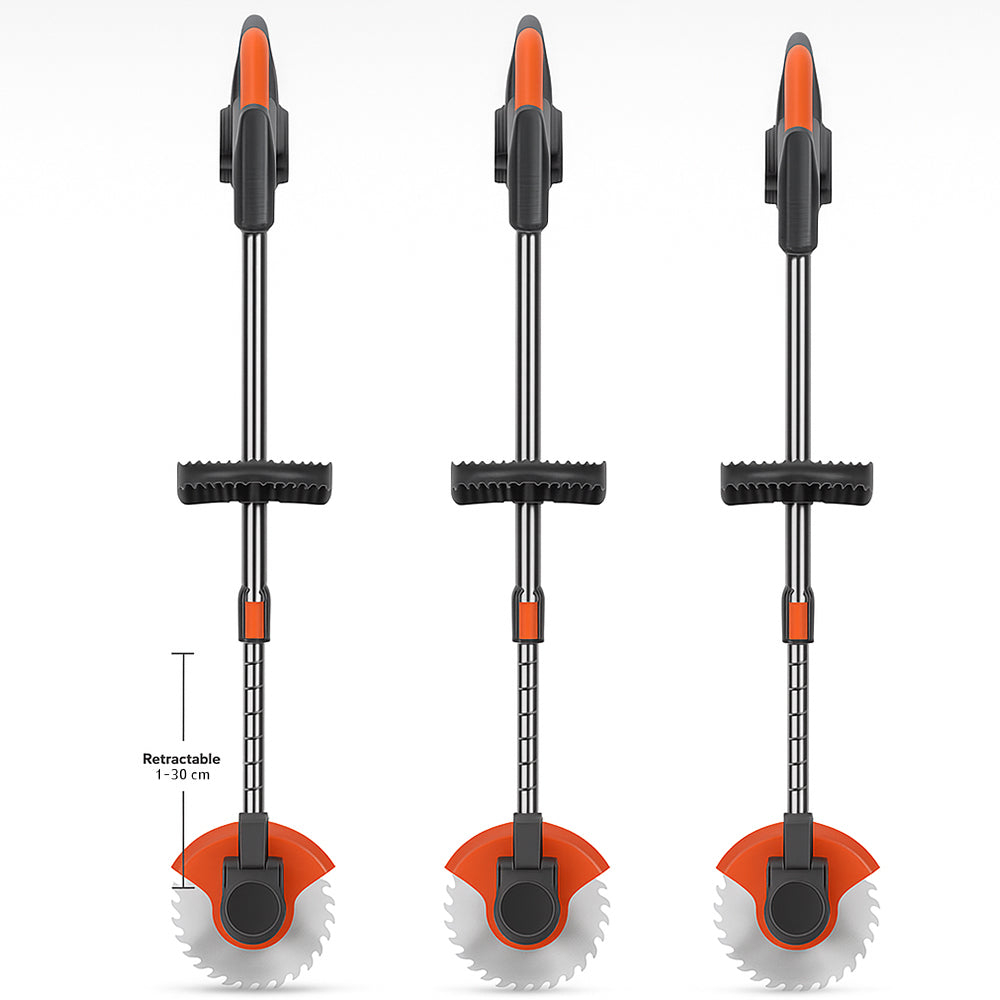 Rechargeable cordless grass trimmer showing battery dock and safety guard