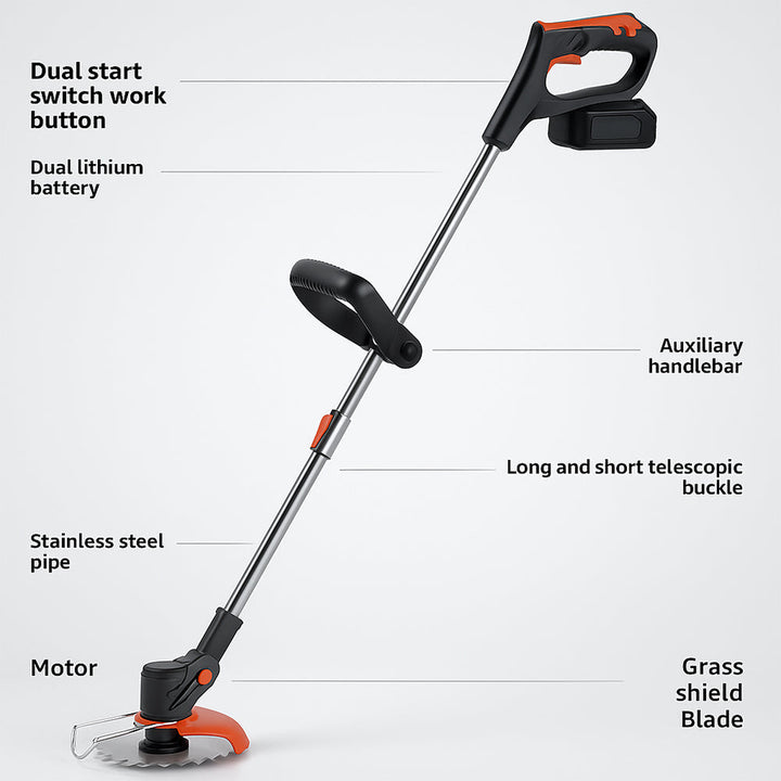 Full view of the 18V cordless grass trimmer and weed remover package