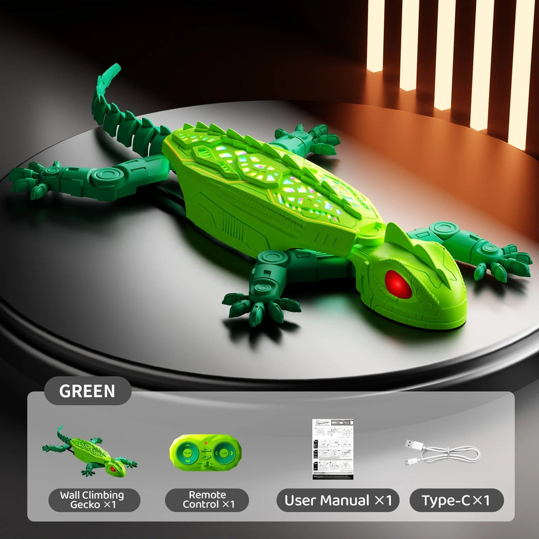 Green RC wall climbing lizard toy with remote control and accessories