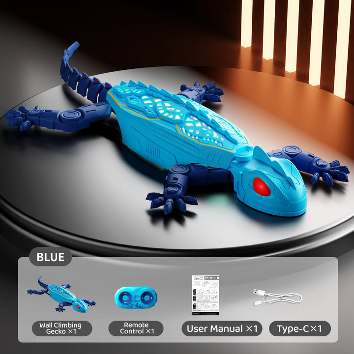 Blue RC wall climbing lizard toy with remote control and USB cable