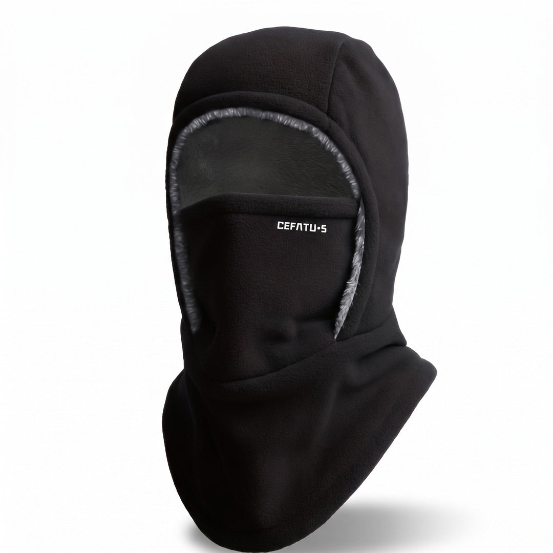 Unisex black windproof 3-in-1 balaclava hat and face mask displayed isolated
