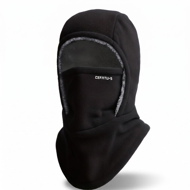 Unisex black windproof 3-in-1 balaclava hat and face mask displayed isolated