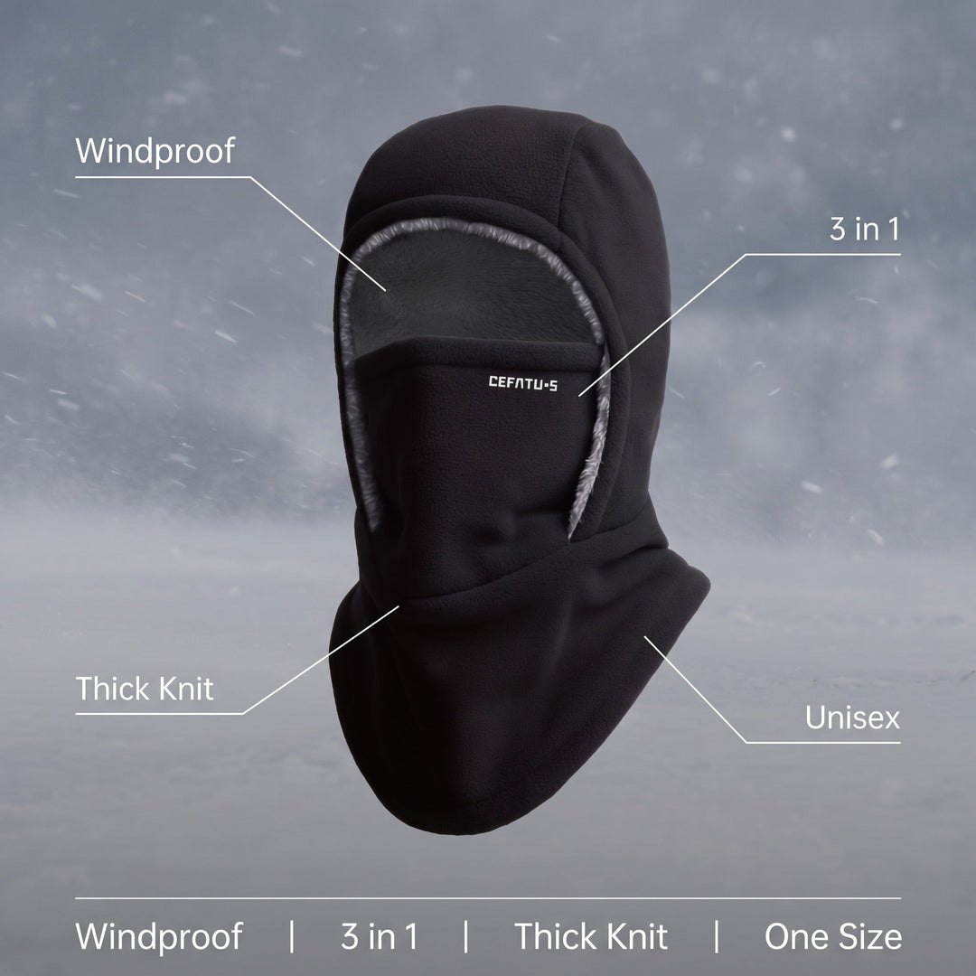 Black windproof 3-in-1 balaclava highlighting key features like thick knit and unisex fit