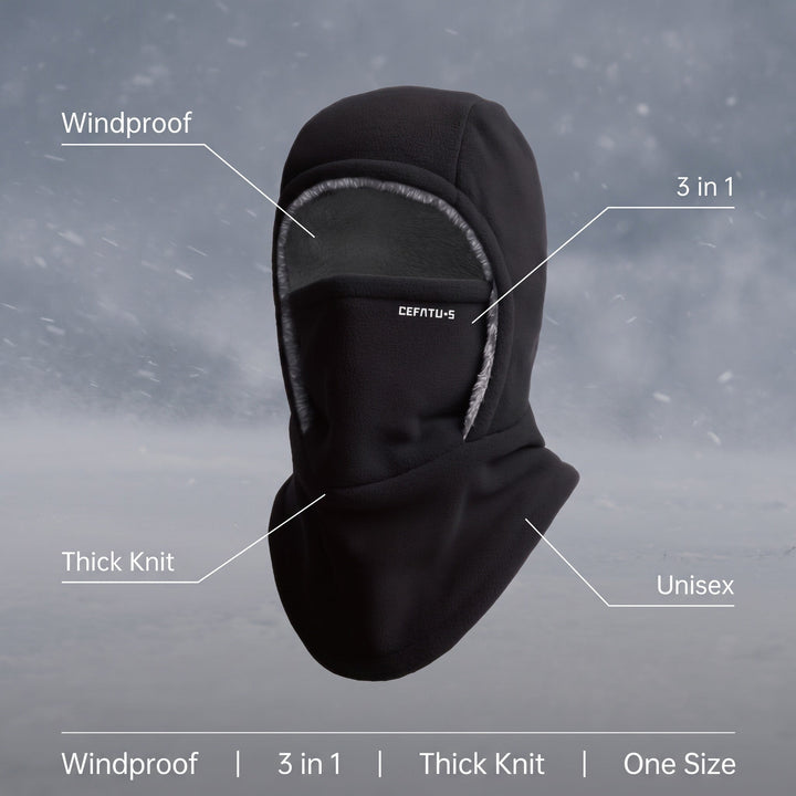 Black windproof 3-in-1 balaclava highlighting key features like thick knit and unisex fit