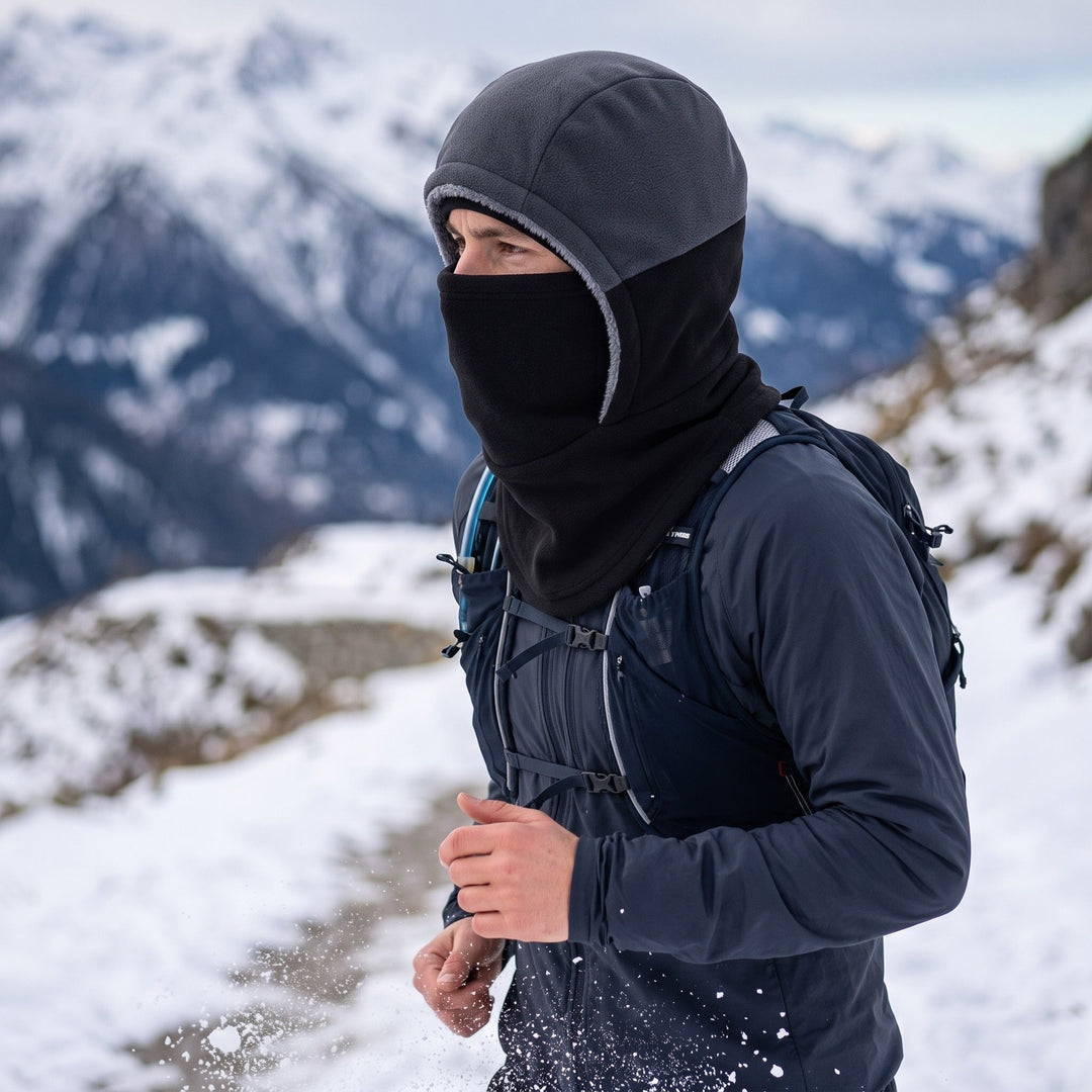 Close-up of thermal winter hat and face mask showing soft fleece lining