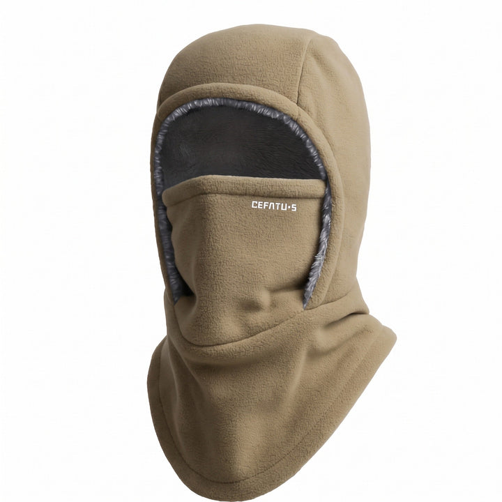 Side view of ski gear balaclava providing full head and neck coverage