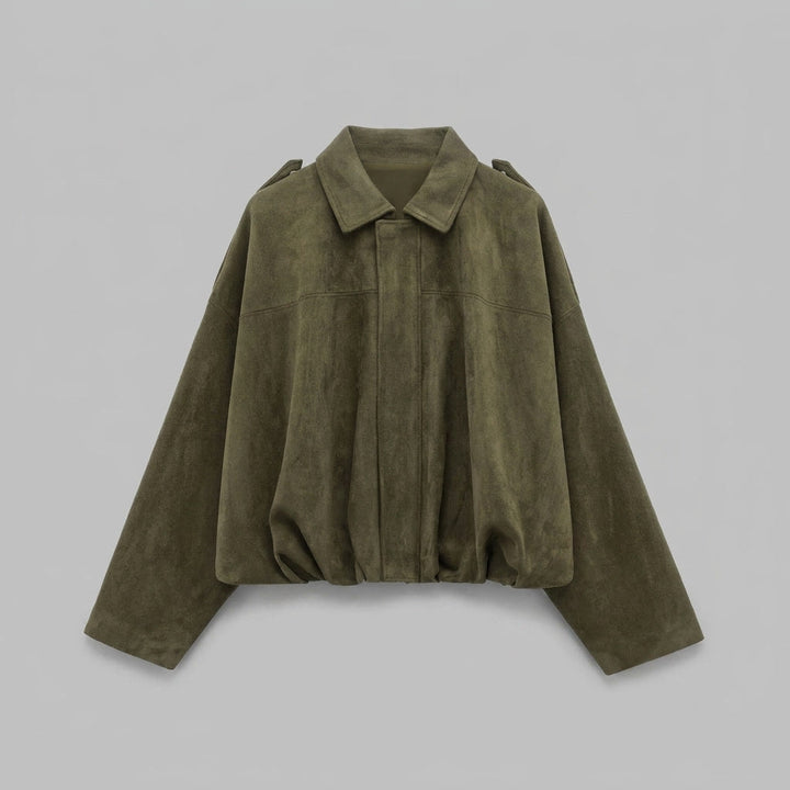 Womens cropped bomber jacket styled for a casual daytime look