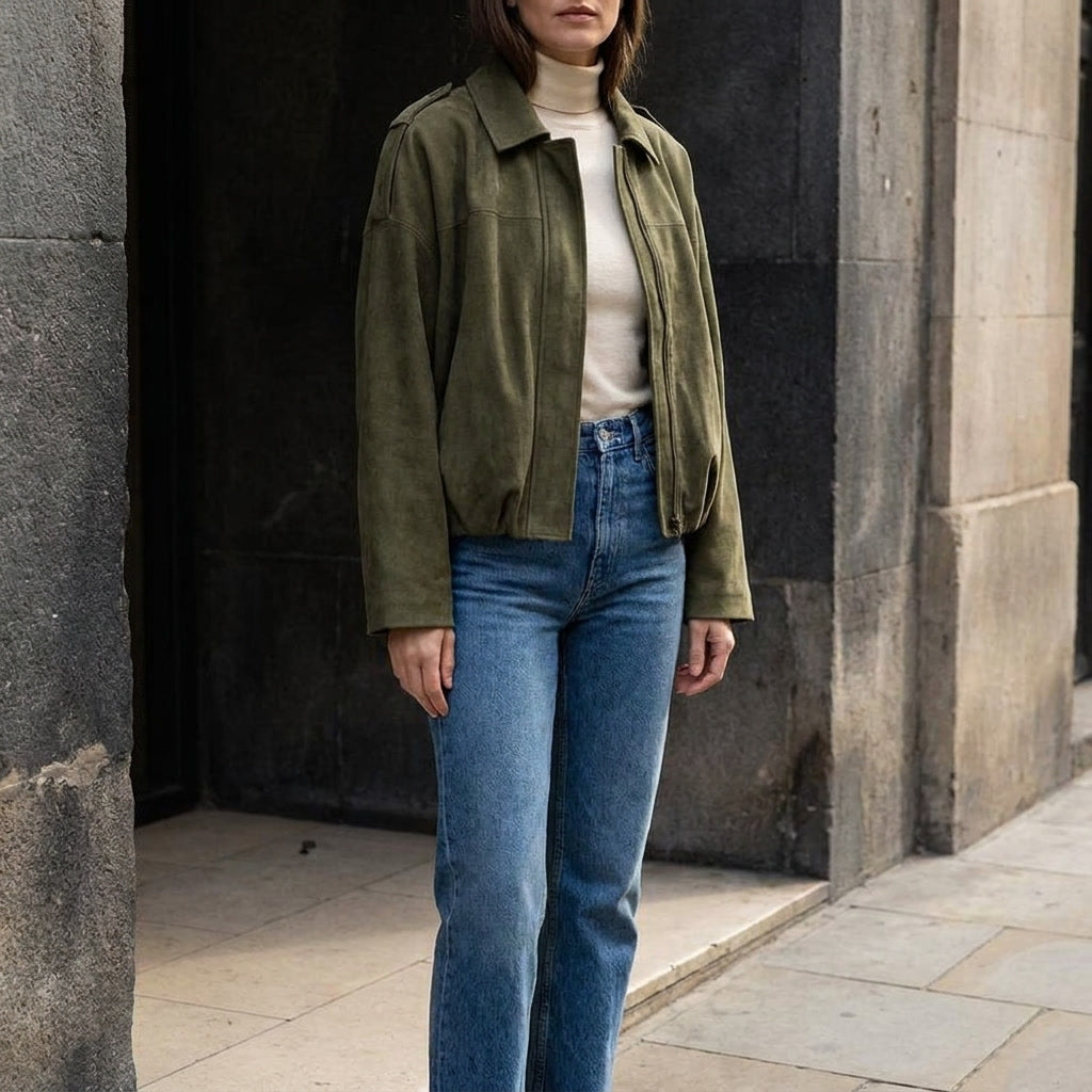 Side profile of fitted zip up jacket with tailored waist