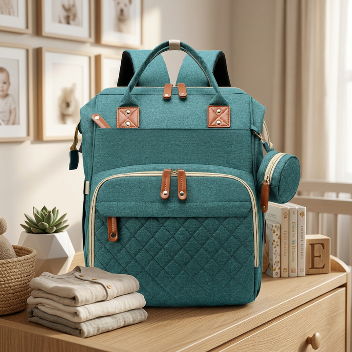 Water-resistant diaper backpack showing insulated pockets for baby bottles