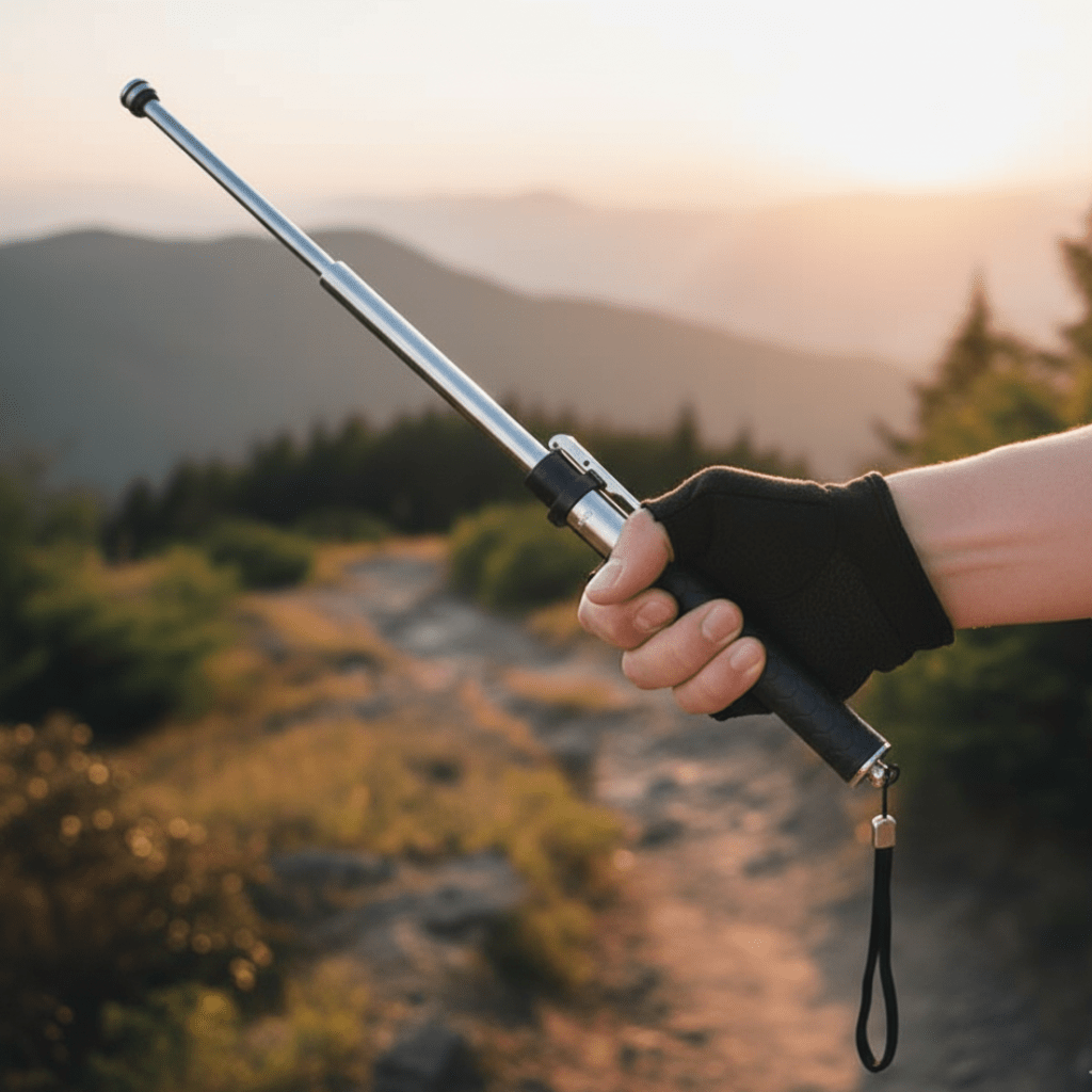 Person holding a retractable trekking stick outdoors at sunset
