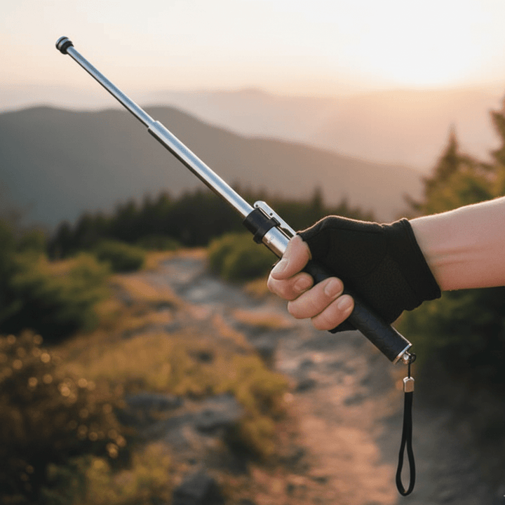 Person holding a retractable trekking stick outdoors at sunset