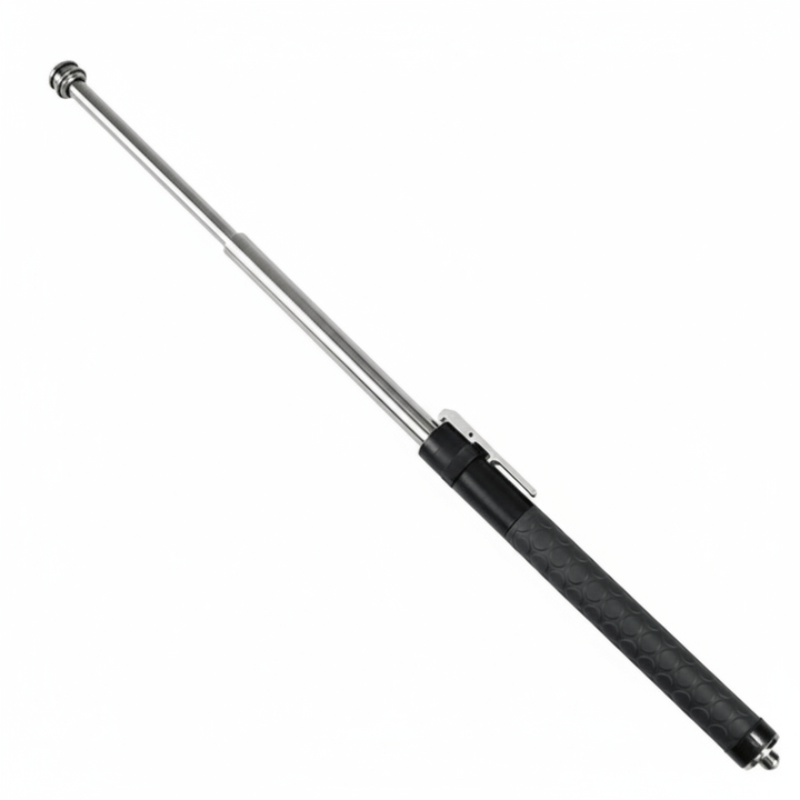 Full view of the silver and black telescopic trekking stick