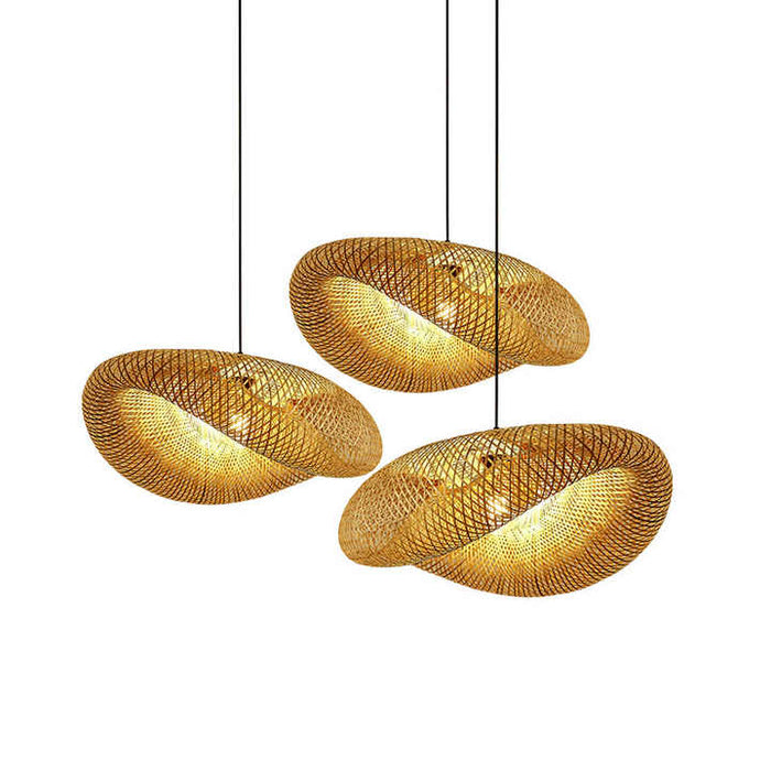 Rattan ceiling light hanging in a modern living room with warm illumination