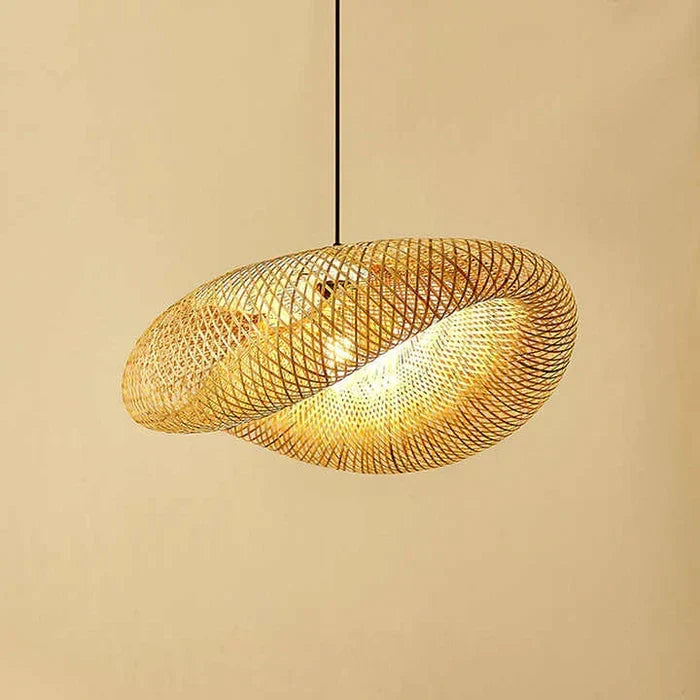 Eco-friendly bamboo lighting fixture viewed from a low angle against a white ceiling