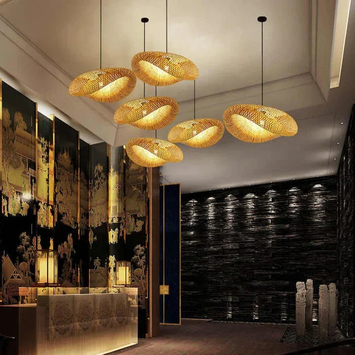 Handmade bamboo pendant lamp close-up highlighting natural woven texture