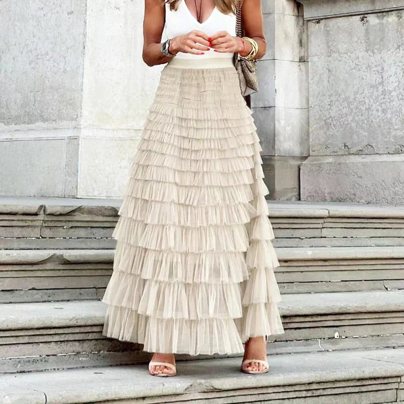Close-up fabric detail of the stylish tiered maxi skirt showcasing light summer apparel texture.