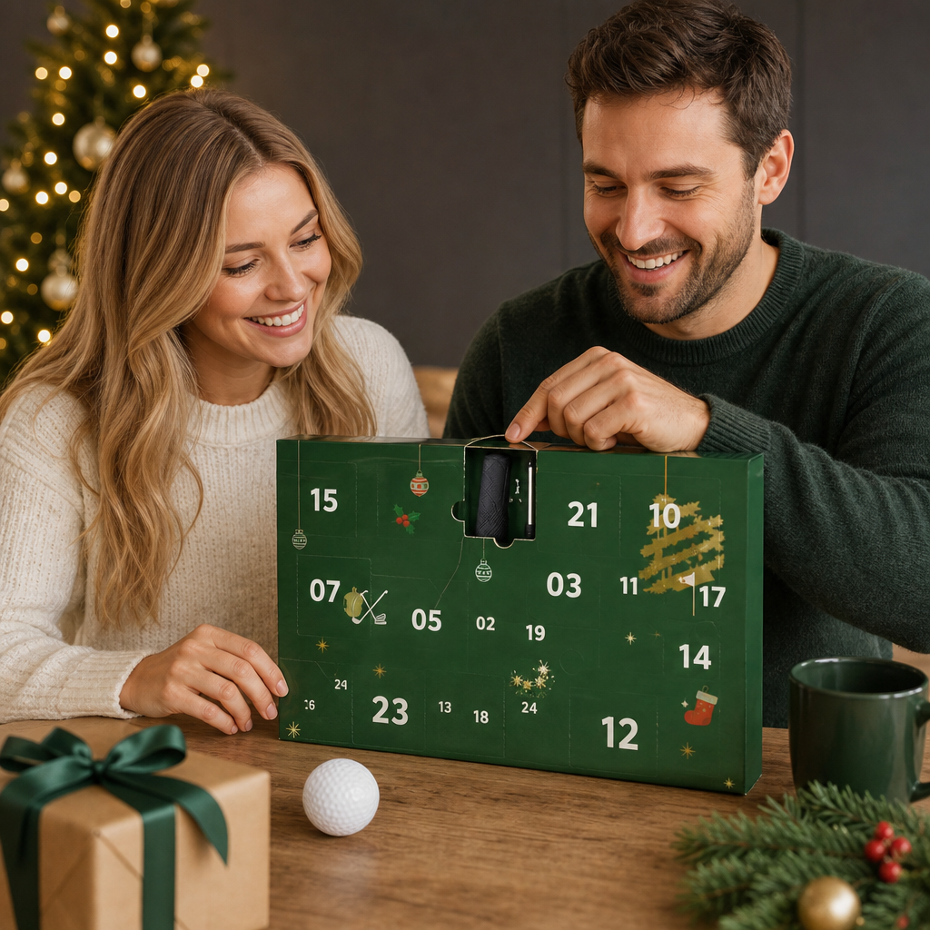 Man and woman opening the golf advent calendar during the holidays