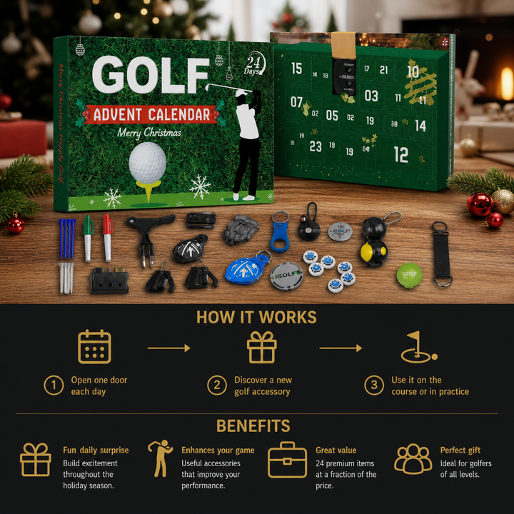 Golf advent calendar box displayed alongside 24 days of included golf accessories