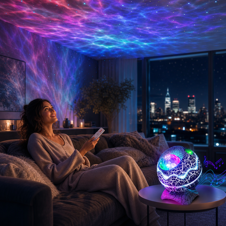 Dynamic star and galaxy projector illuminating a living room with vibrant purple and blue cosmic lights
