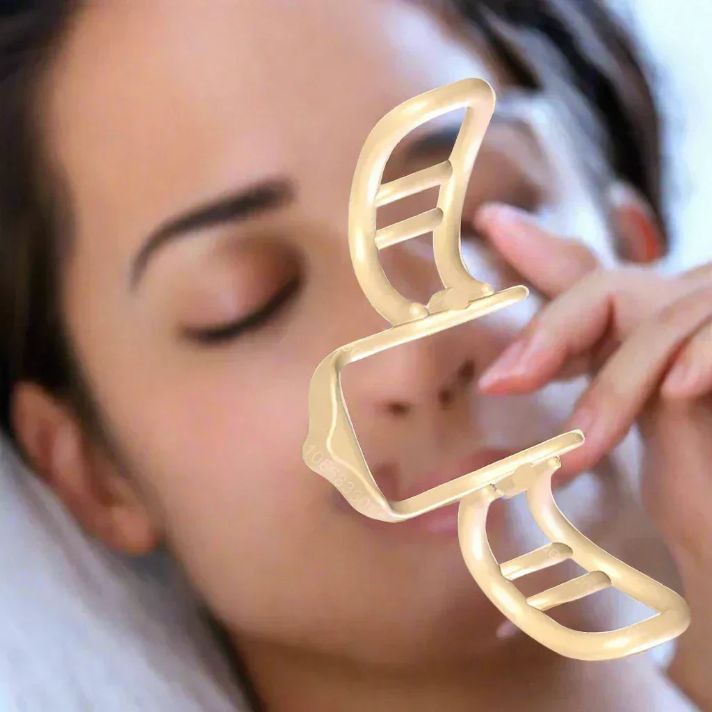 Close-up view of the anti-snoring nasal dilator in use