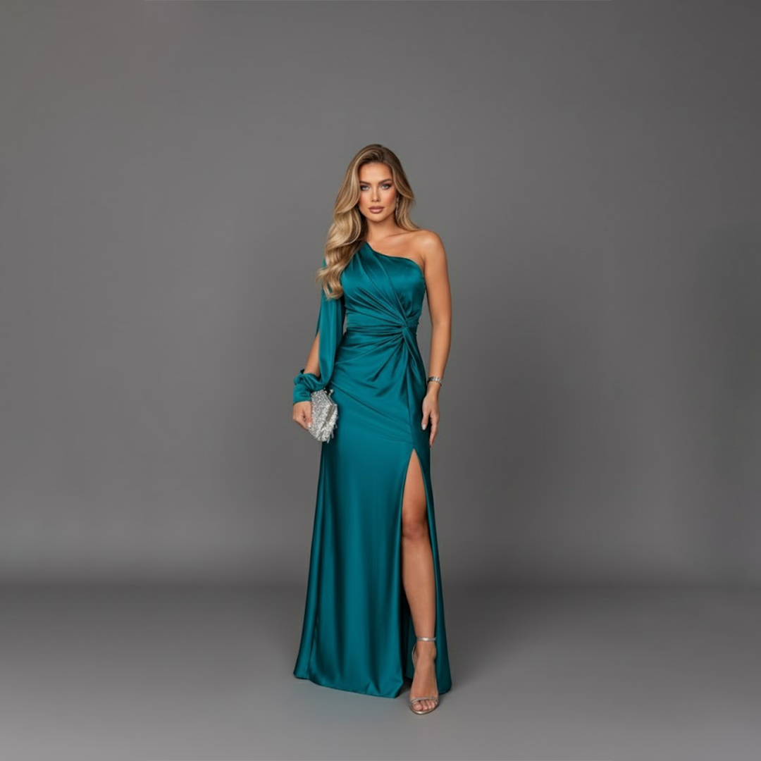 Model wearing Hallie one-shoulder teal satin cocktail dress with side slit facing front