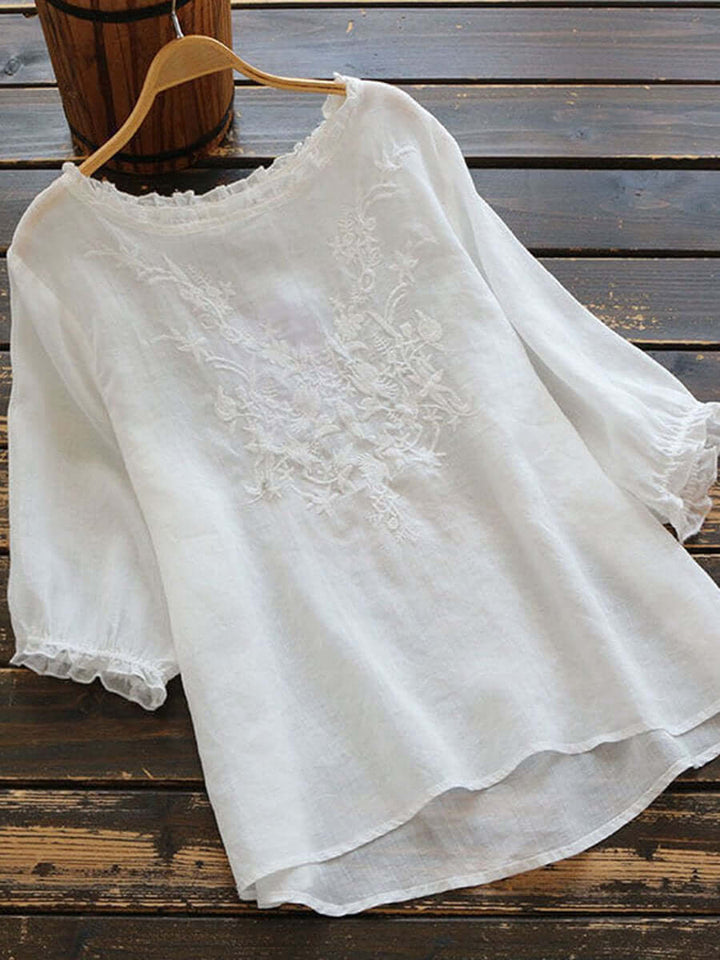 Women's white boho embroidered blouse with long sleeves