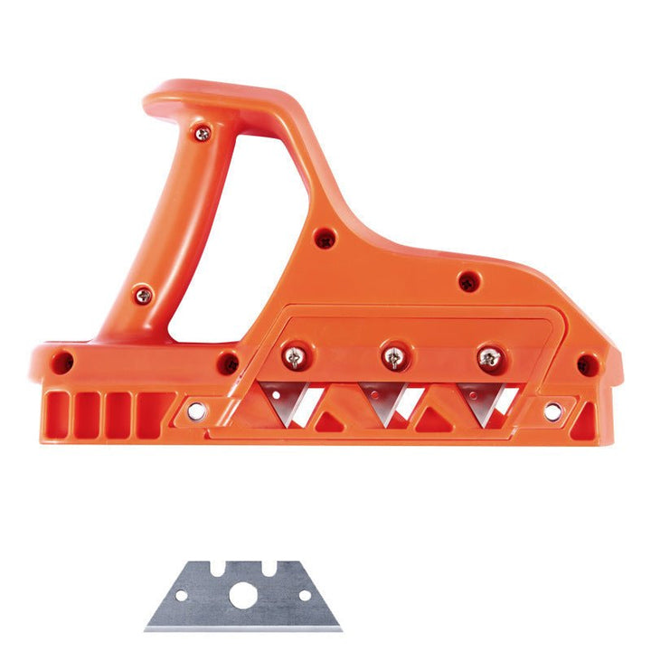 Side profile view of the hand planer tool with interchangeable cutting blades