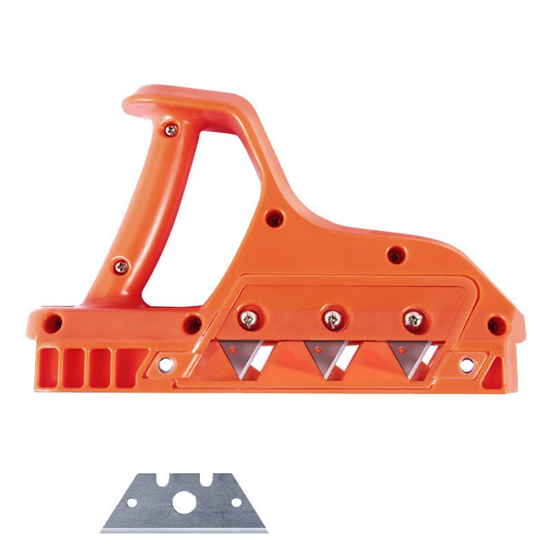 Orange ergonomic hand planer tool showing the blade attachment and spare blade
