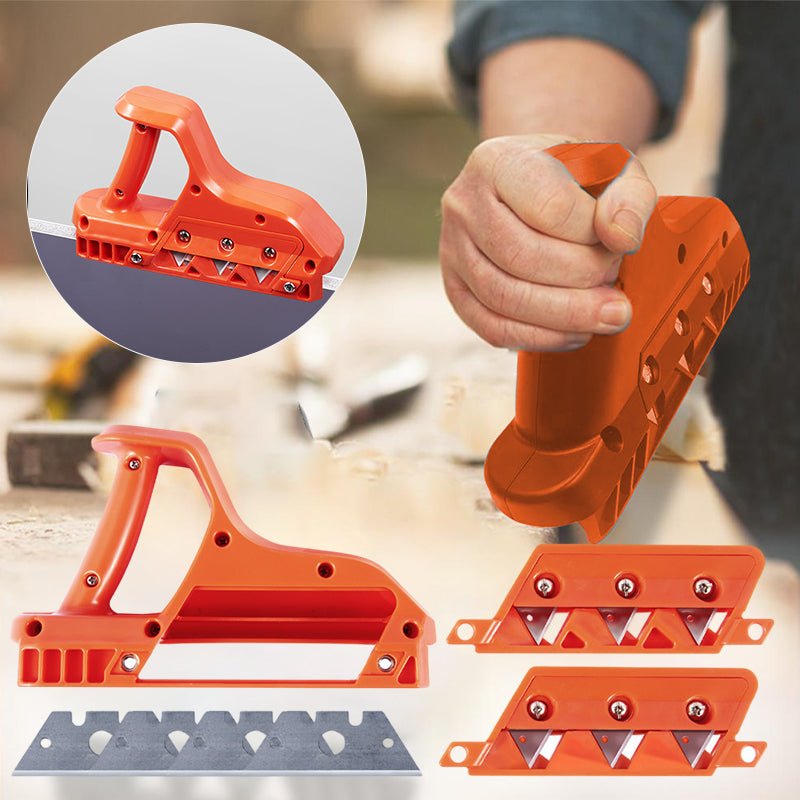 Ergonomic hand tool woodworking planer shown with extra replacement blades