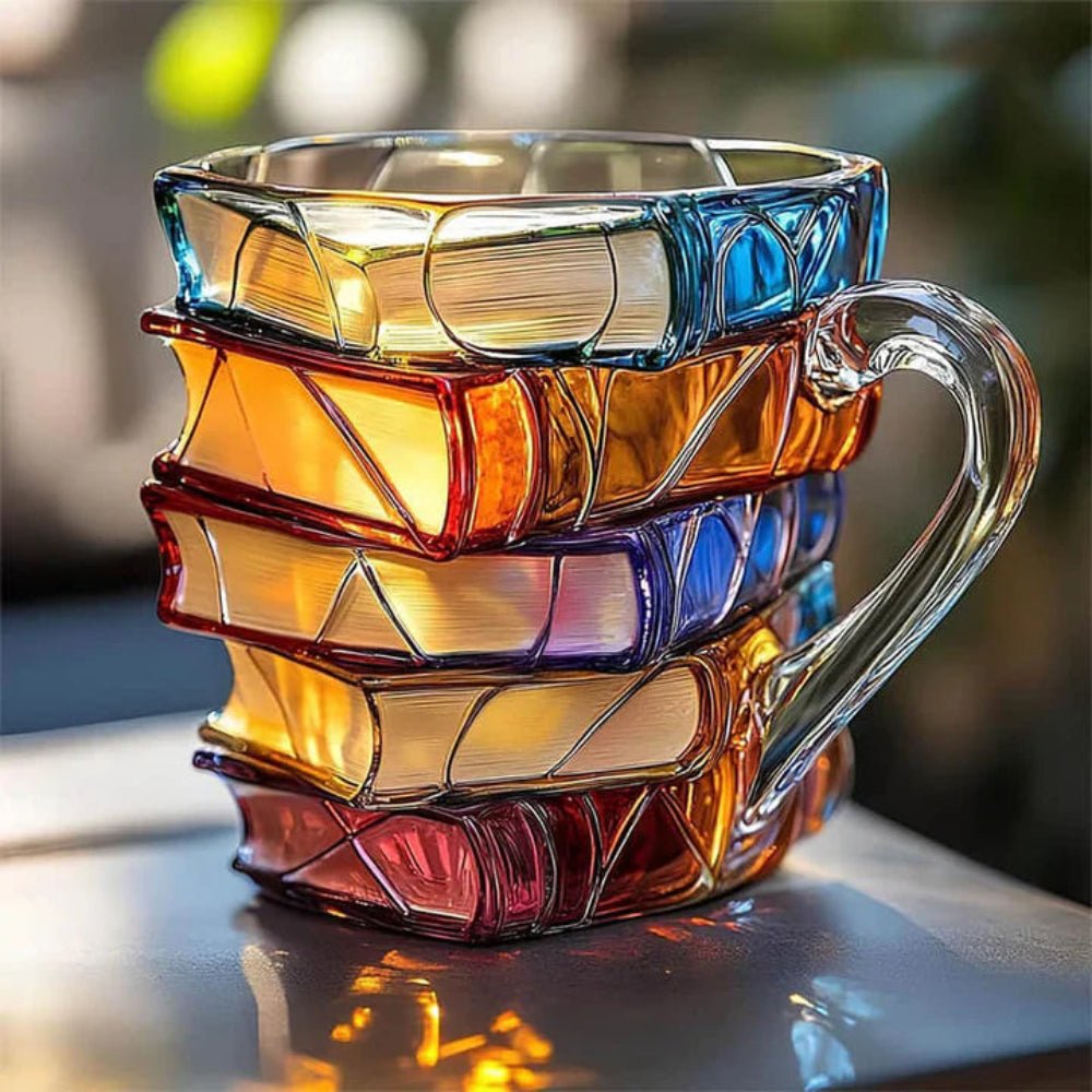 Handmade glass coffee mug with colorful 3D stacked book pattern