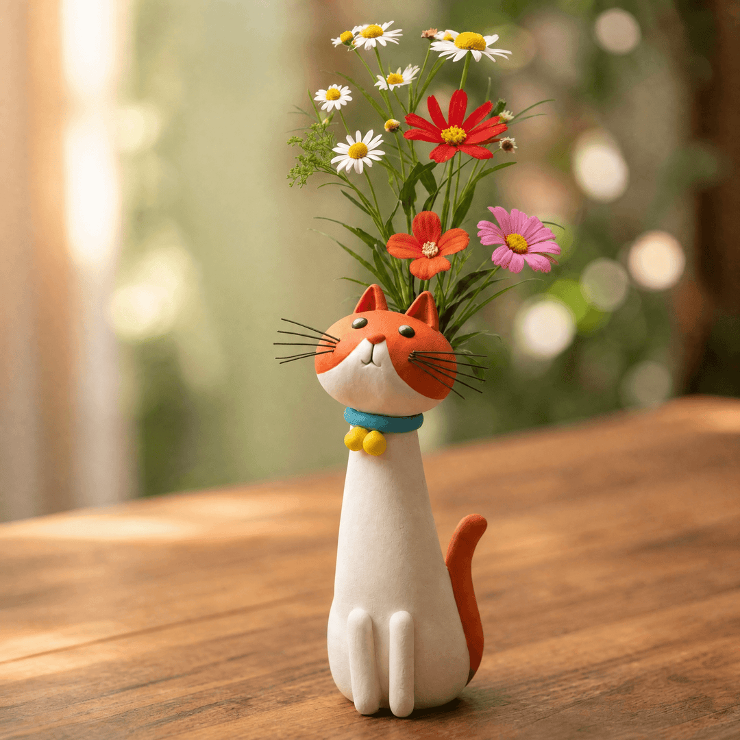 Handmade Orange Tabby Ceramic Cat Flower Vase holding colorful wildflowers on a wooden table