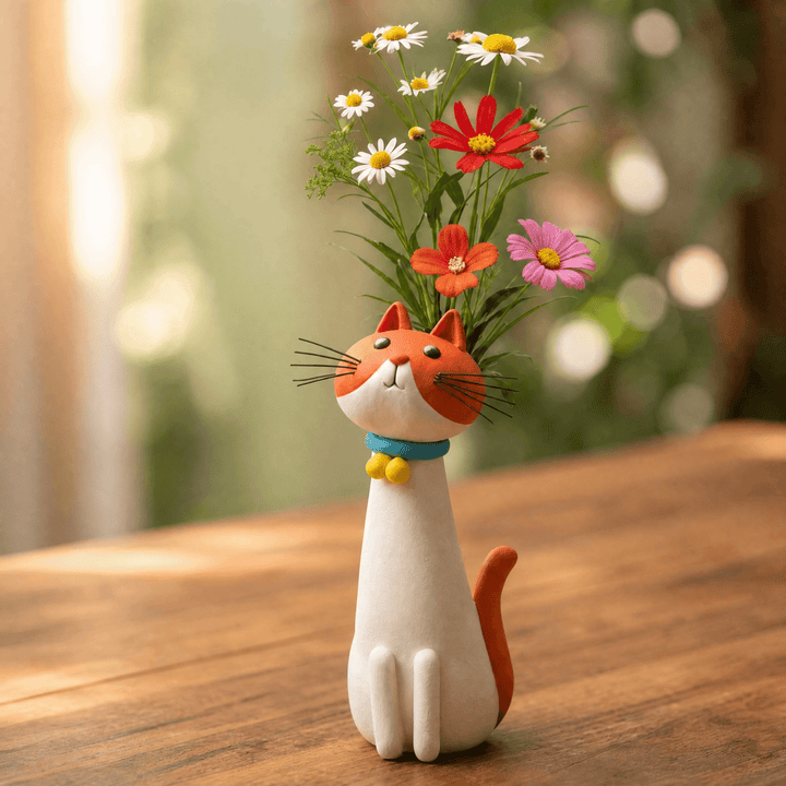 Handmade Orange Tabby Ceramic Cat Flower Vase holding colorful wildflowers on a wooden table