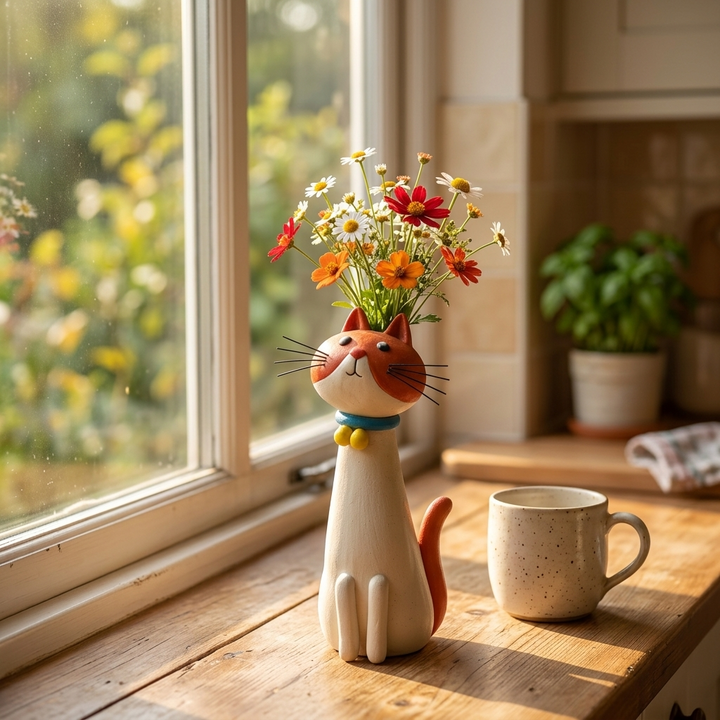 Stylized cat figurine flower holder adding charm to interior spaces