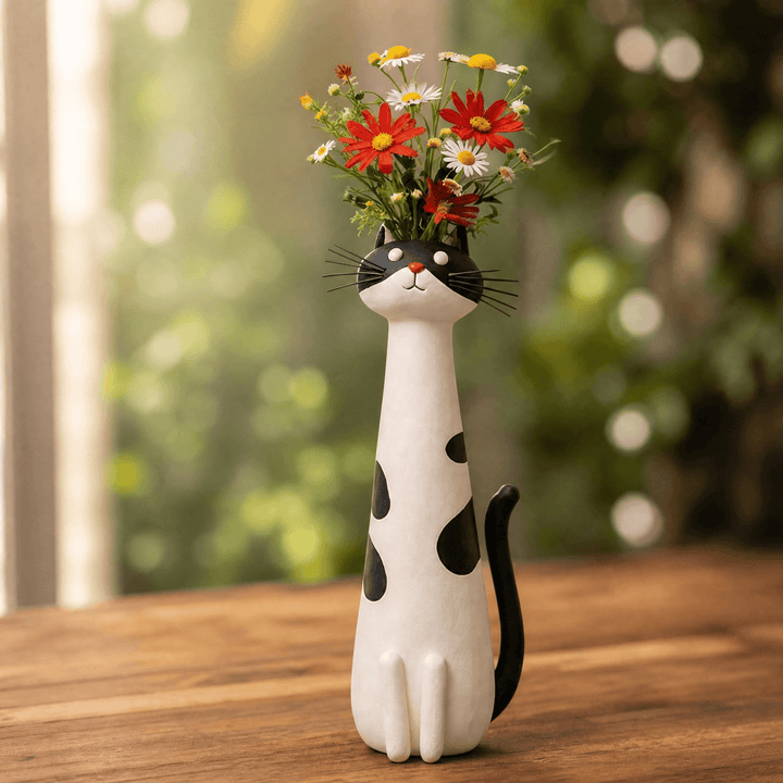 Tuxedo Ceramic Cat Flower Vase with black and white spots filled with fresh flowers