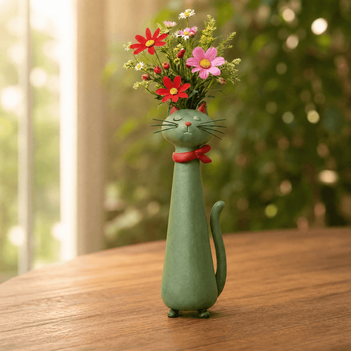 Green Cat Ceramic Vase featuring a playful green feline design with floral arrangement