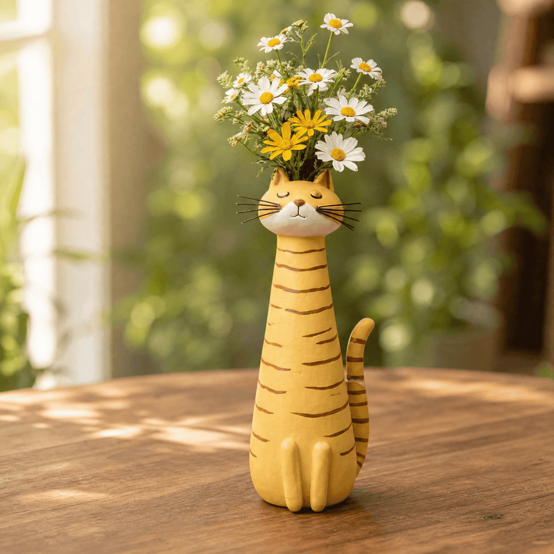 Handmade ceramic cat flower vase showing detailed pottery craftsmanship