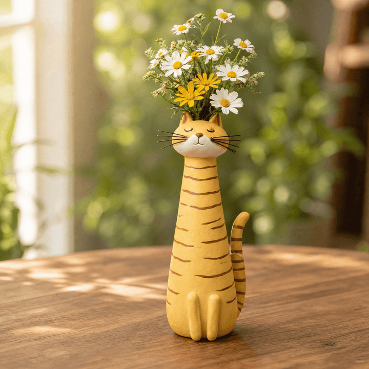Handmade ceramic cat flower vase showing detailed pottery craftsmanship