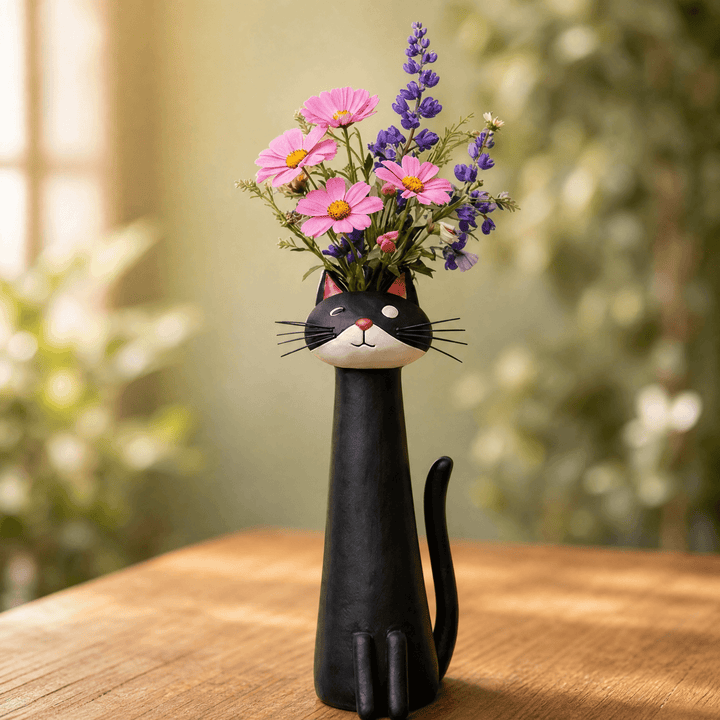 Cute animal figurine vase holding fresh flowers for desk decoration