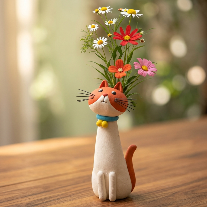 Unique handmade pottery planter shaped like a playful feline